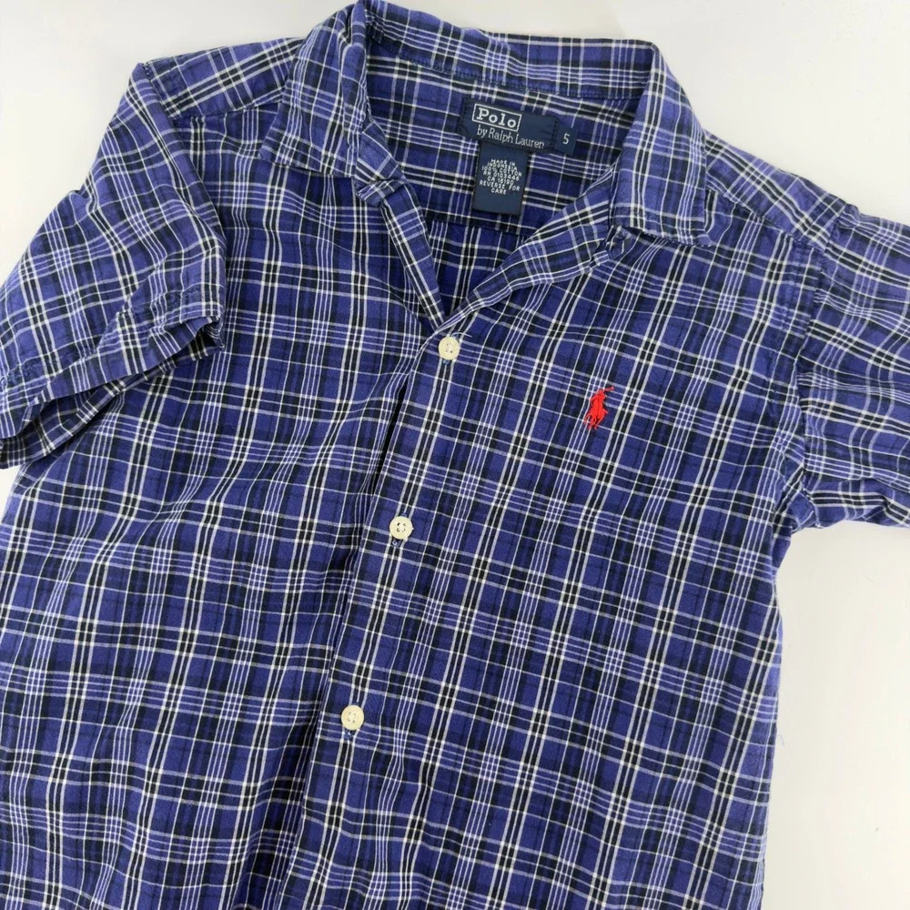 Polo Ralph Lauren Kids Blue Plaid Short Sleeve Button‎ Down Shirt Size 5